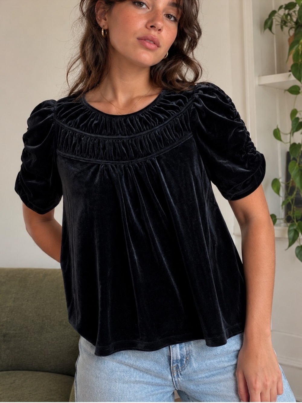 NWT LOFT Black Ruched Velvet Blouse Whimsigoth Witchycore